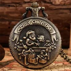 Bronze Feliz Natal Padrão Unissex Relógio De Bolso De Quartzo Número Árabe Com Colar Corrente Presente De