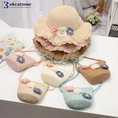 OKCATZONE Crianças Meninas Grande Flor Larga Palha Tecido Proteção Solar Chapéu De Praia Protetor Colorido Bola Verão Fl