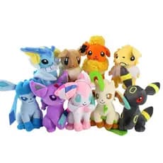 9 tipos de brinquedos de pelúcia de anime Pokémon: Eevee, Eevee de Água, Eevee de Gelo, Eevee de Chuva, Eevee de Fogo, E