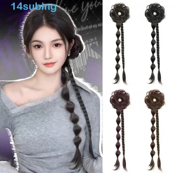 SUBING Peruca De Coque Chinês Hanfu , Amarrado Lateral Tradicional Fofo Com Trança Torcida , Estilo Antigo