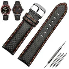 Pulseira De Couro Genuíno Grão De Fibra De Carbono 18mm 20mm Vermelho Laranja Costura Relógio 21mm 22mm 23mm 24mm