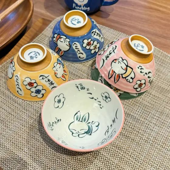 Talheres de cerâmica importados do Japão, estilo japonês, cor Underglaze, tigela de arroz doméstica, coelho da sorte, fl