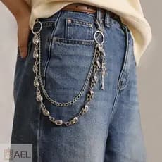 Roupas Crânio Decoração Corrente Estilo Punk Dupla Camada Jeans Para Calças Masculinas
