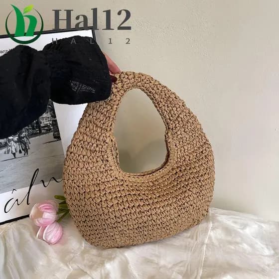 Bolsa De Palha HALB Lafite , Clutch De Grande Capacidade , Sacola De Tecido De Grama Artesanal Meia Lua Da Moda