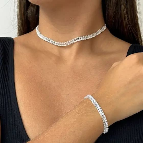 Colar e Pulseira Baguete Cristal a prata 925