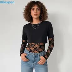 EXPEN1 Top Curto Justo , Camiseta Patchwork De Manga Comprida Com Remendo De Renda , Duas Camisetas Falsas Transparentes
