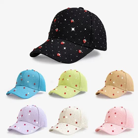 Boné de Beisebol Adulto com Strass e Morango - Chapéu Brilhante com Decoração de Morango, Leve e Adequado para Primavera