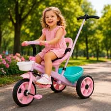 Triciclo Infantil Rosa com Empurrador Ajustável Passeio Seguro 2 em 1