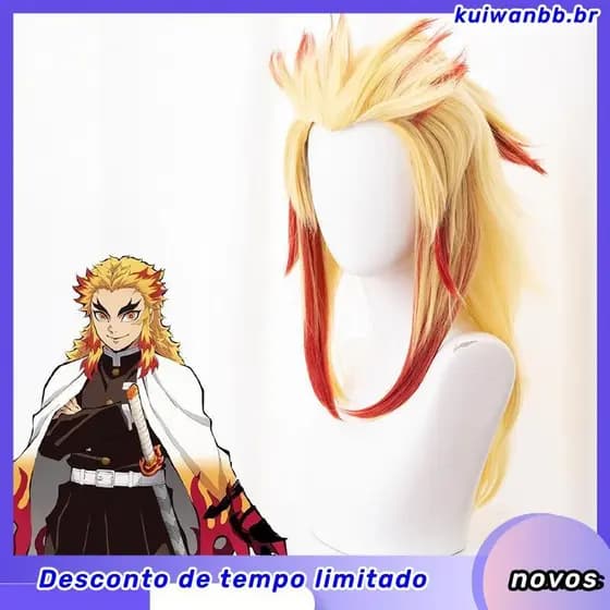 Peruca de Cosplay Demon Slayer: Kimetsu no Yaiba Rengoku Kyoujurou, Estilo Demoníaco Sintético Natural, Peruca em Camada
