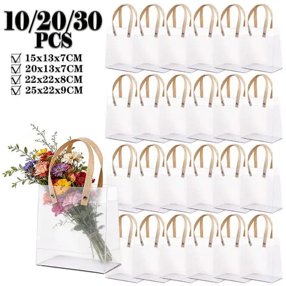 Sacola Transparente Fosca PVC com Alça Kraft - 25x22x9cm - 10/20/30 unidades