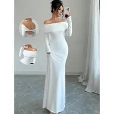 Vestido Longo de Festa Elegante e Justo com Ombros Descidos e Pregas para Mulheres na Primavera