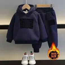Conjuntos de Roupas Quentes para Inverno e Outono para Crianças, Moletom com Forro de Veludo + Calças, 2 Peças, Conjunto