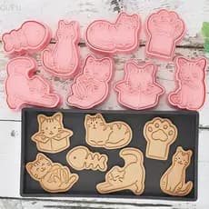 [CU] 8 Pçs/set Gato Pequenos Animais Cortadores De Biscoito Molde De Plástico 3D Desenho Animado Prensável Selo Cozinha