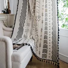 Cortinas Boho , Geométricas Semi-Blackout De Linho De Algodão Com Borla Preta De Bolso Haste Para Sala De Estar