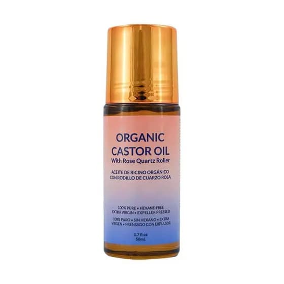 Óleo de Rícino Orgânico com Rolo de Quartzo Rosa, 1,7 fl oz, 100% Puro Extra Virgem, Livre de Hexano RQQN