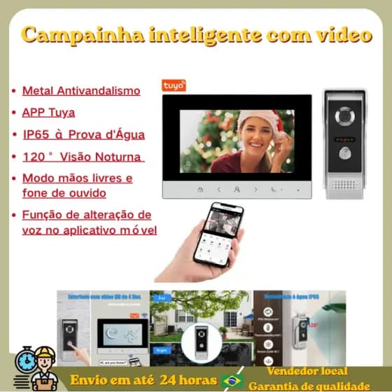 Campainha com Câmera 2MP WiFi 5G/2.4G e Bluetooth, Video Porteiro com Desbloqueio Remoto e Mudança de Voz no APP, Antiva