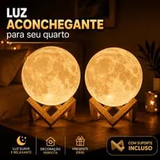 Luminária Lua Cheia 3D LED Abajur Decoração Quarto Sala Presente Sem Fio Suporte Baterias Inclusas