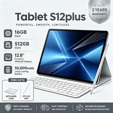 Tablet S12 Plus Combo com Teclado e Mouse -12.8"inch 16GB+512GB Android 15 com10000mAh Ideal para Estudos e Jogos
