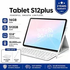 Tablet S12 Plus -12.8"inch 16GB+512GB Android 15 10000mAh Ideal para Estudos e Jogos Combo com Teclado e Mouse