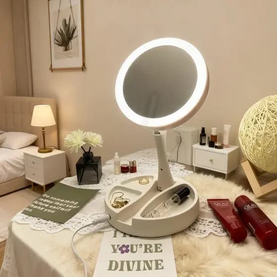 Espelho de maquiagem LED giratório 360° – Dobrável portátil, aumento 10x, dupla face, base de armazenamento, branco