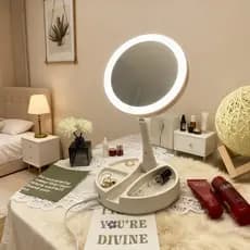 Espelho de maquiagem LED giratório 360° – Dobrável portátil, aumento 10x, dupla face, base de armazenamento, branco