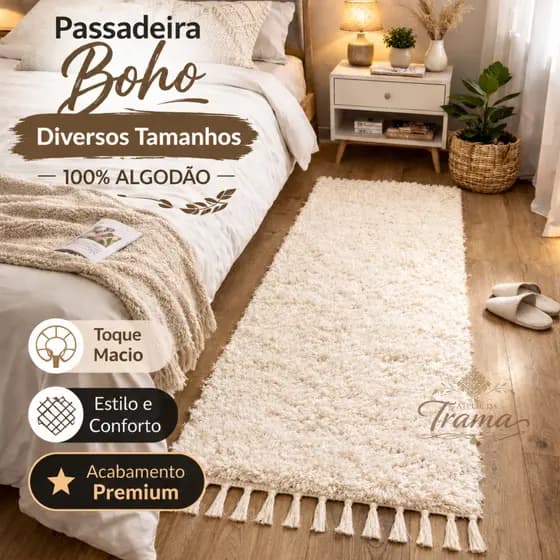 Tapete Passadeira Boho Algodão Cru Artesanal Quarto Cozinha