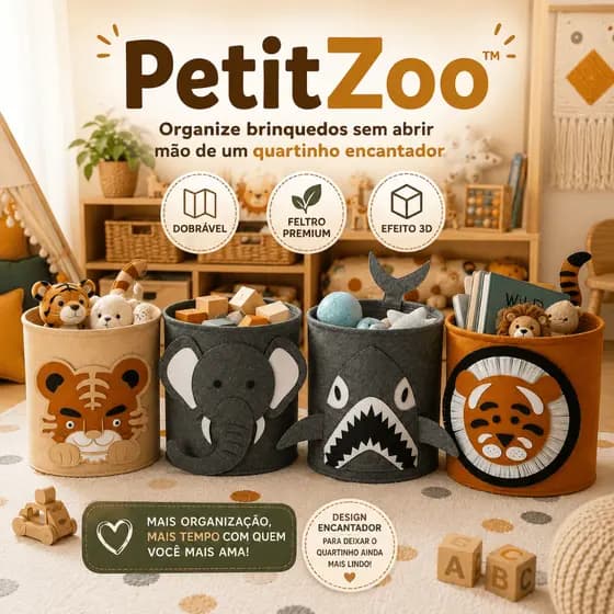 Cesto Organizador Infantil Premium Bichinhos Grande Dobrável Feltro Porta Objetos
