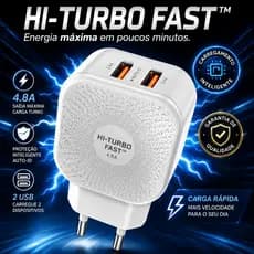 Carregador Rápido HI-TURBO FAST 4.8A 2 USB + Cabo Tipo-C Bivolt Carregamento Turbo
