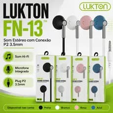 Fone De Ouvido Lukton FN-13 Com Fio P2 3.5mm Estéreo Com Microfone Preto Branco Rosa Azul
