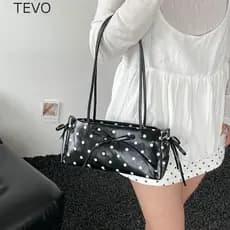Bolsa TEVO Polka Dot Nas Axilas , Alça De Ombro Longa Com Acabamento Brilhante Laço PU , Elegante