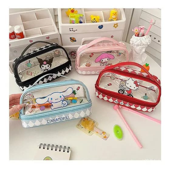Kawaii Hellokitty Dos Desenhos Animados Kuromi Grande Capacidade Transparente Dupla Camada Lápis Caso Cinnamoroll Papela
