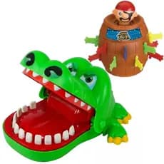Kit Brinquedo Jogo Jacaré Crocodilo Morde Dedo e Pula Pirata Barril