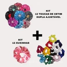 Kit 12 OU 24 Toucas De Cetim Dupla Ajustável e Scrunchies Xuxinha Laçarote De Cetim