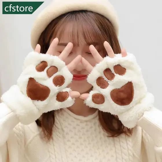 CFSTORE Luvas De Pata De Gato De Pelúcia Fofas Espessadas De Lã Quente À Prova De Inverno Meio Dedo Confortáveis Tecido