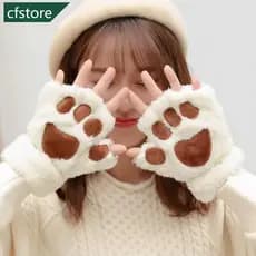 CFSTORE Luvas De Pata De Gato De Pelúcia Fofas Espessadas De Lã Quente À Prova De Inverno Meio Dedo Confortáveis Tecido
