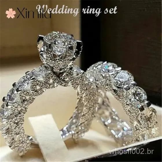 ♥ Original luxo 2 anel conjunto novo estilo corações setas Moissanite anel feminino redondo cheio de diamante noivado mo