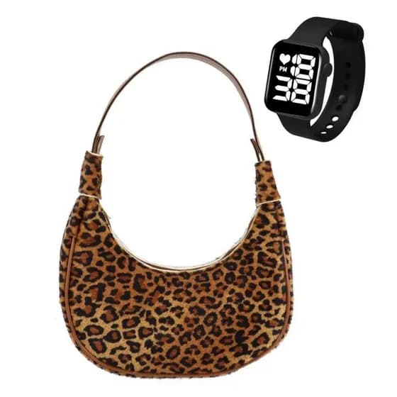 Bolsa Meia Lua Feminina Onça De Ombro + Relógio Digital