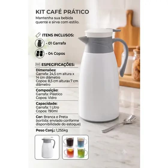 Garrafa Térmica 1 Litro Victoria + 4 Canecas Cores Sortidas