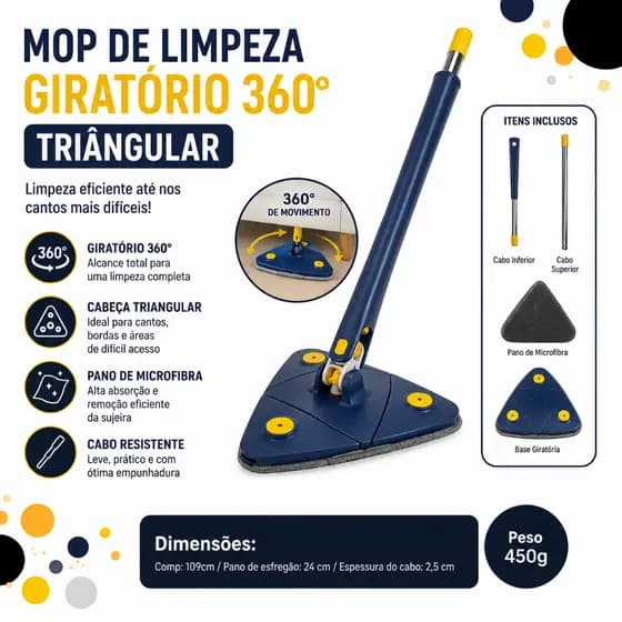 Mop De Limpeza Giratório 360° Triângular Ajustável Multiuso 2 Refil Rodo de Limpeza
