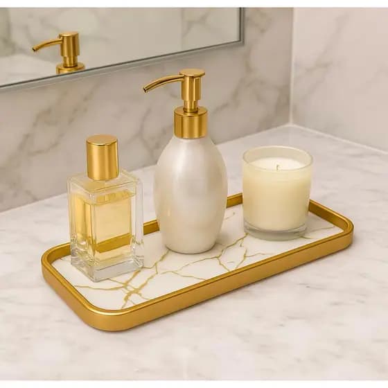 Bandeja Decorativa Luxo Mármore e Dourado | Organizadora para Perfumes, Cosméticos e Lavabo