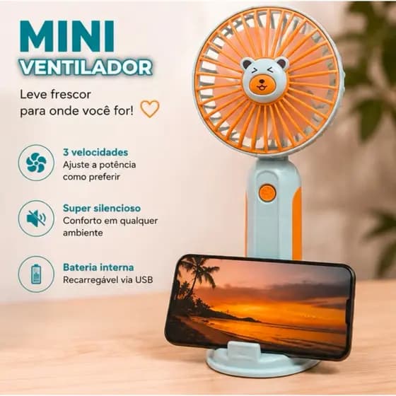 Mini Ventilador Portátil Recarregável USB com Suporte para Celular – 3 Velocidades