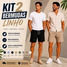 Kit 2 Bermuda Linho Premium Masculino Casual Leve Cós Ajustavel Dia a Dia e Praia.
