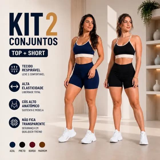 Kit 2 Conjuntos Fitness Feminino Academia Top e Short Cintura Alta Premium Treino
