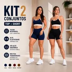Kit 2 Conjuntos Fitness Feminino Academia Top e Short Cintura Alta Premium Treino