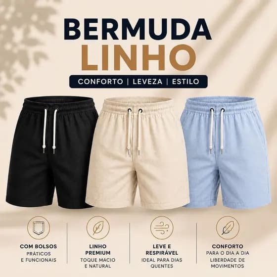 Bermuda Linho Premium Masculino Mauricinho Casual Leve Cós Ajustavel Dia a Dia e Praia.