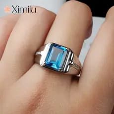 ⭐ Novo produto retangular mar azul topázio dominador anel de luxo masculino presente requintado namorada jóias