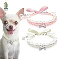 Bonito Animal De Estimação Pérola Colar Arco Gato Cão Diamante Osso Do Pingente Gravata Ajustável Jóias Para Animais Peq