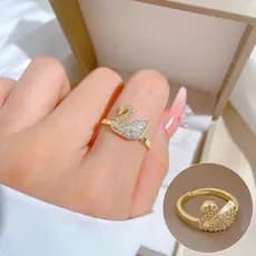 Anel de casamento cisne cravejado de diamantes, anel aberto ajustáve