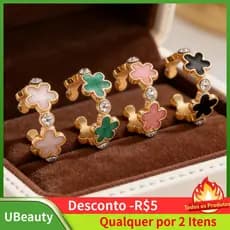 Anel de flor de cinco pétalas para mulheres, anel de trevo de cinco folhas da sorte, joia ajustável e elegante, acessóri