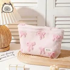 Bolsa De Maquiagem De Pelúcia Com Laço 3D Fofa Cosméticos De Viagem Portátil Embreagem Estética Doce Organizador Pequeno